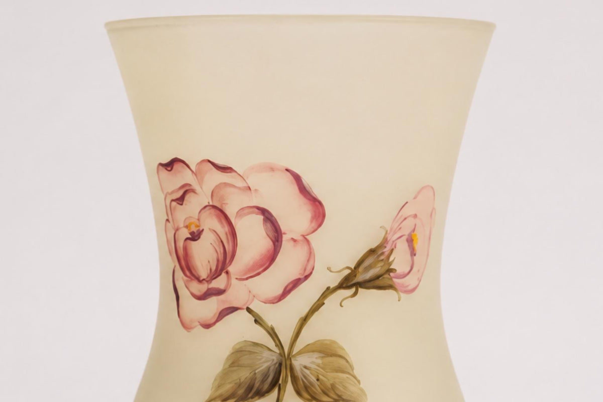 Vintage Signed "Lily" Art Deco Frosted Glass Vase, Hand-Painted Pink Roses, 1930s