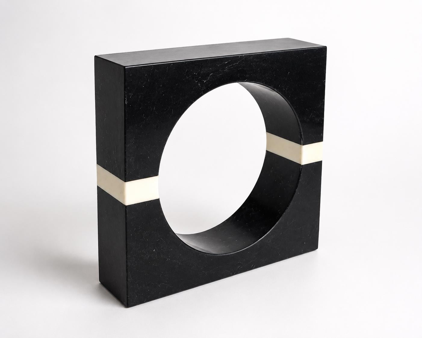 Vintage Black Stone and Brass Catchall Tray, Ashtray or Bookend, Cream Inlay Accent