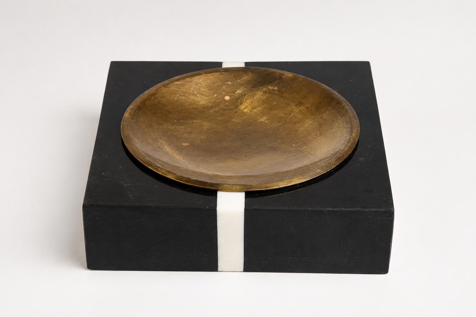 Vintage Black Stone and Brass Catchall Tray, Ashtray or Bookend, Cream Inlay Accent