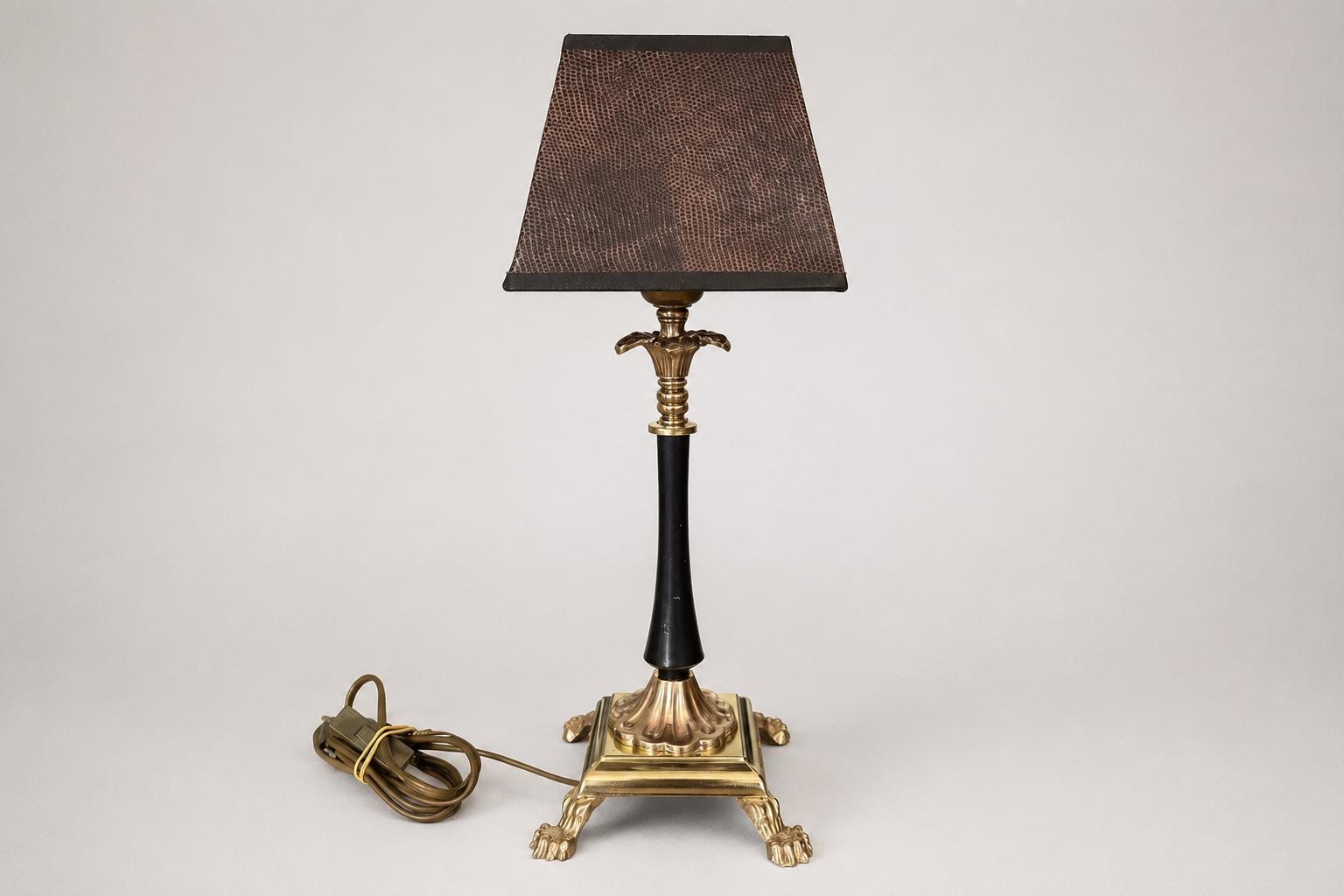 Vintage Brass Table Lamp, Snakeskin-Pattern Fabric Shade, Claw Foot Base, 1950s