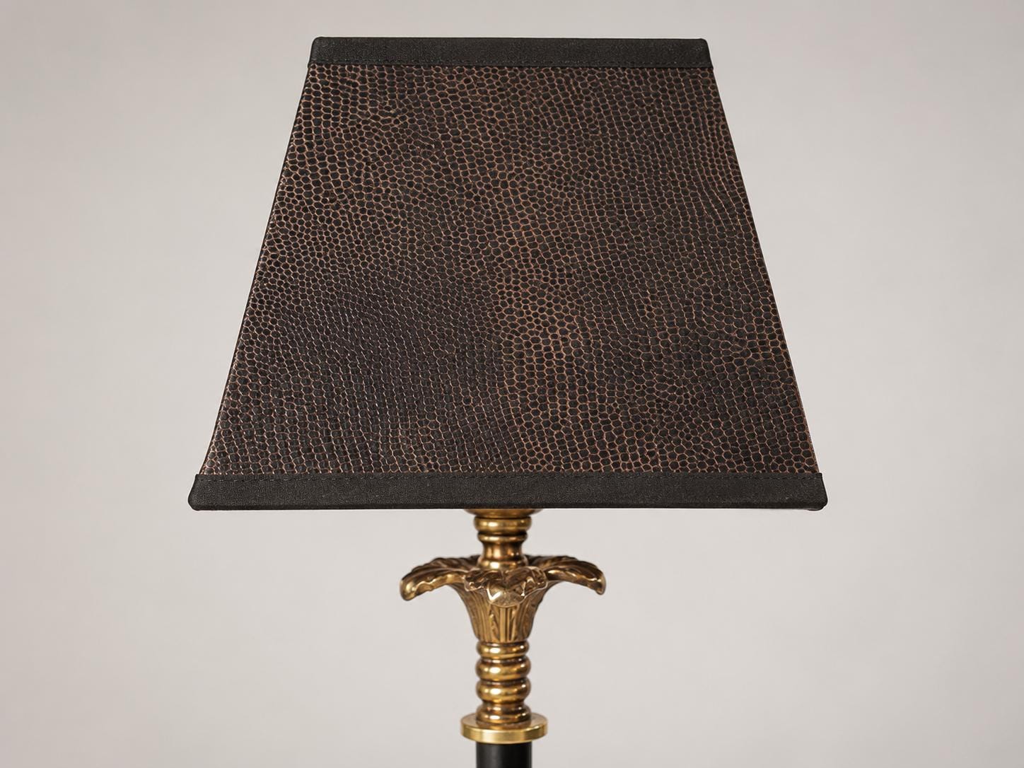 Vintage Brass Table Lamp, Snakeskin-Pattern Fabric Shade, Claw Foot Base, 1950s