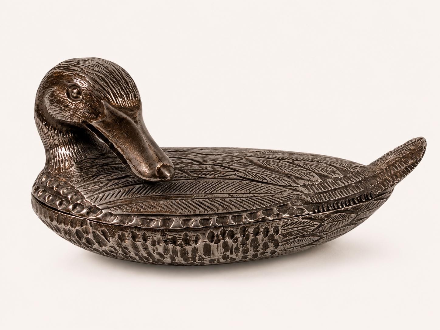 Fondica France Silvered Metal Duck Box, Heavy Cast Trinket Casket