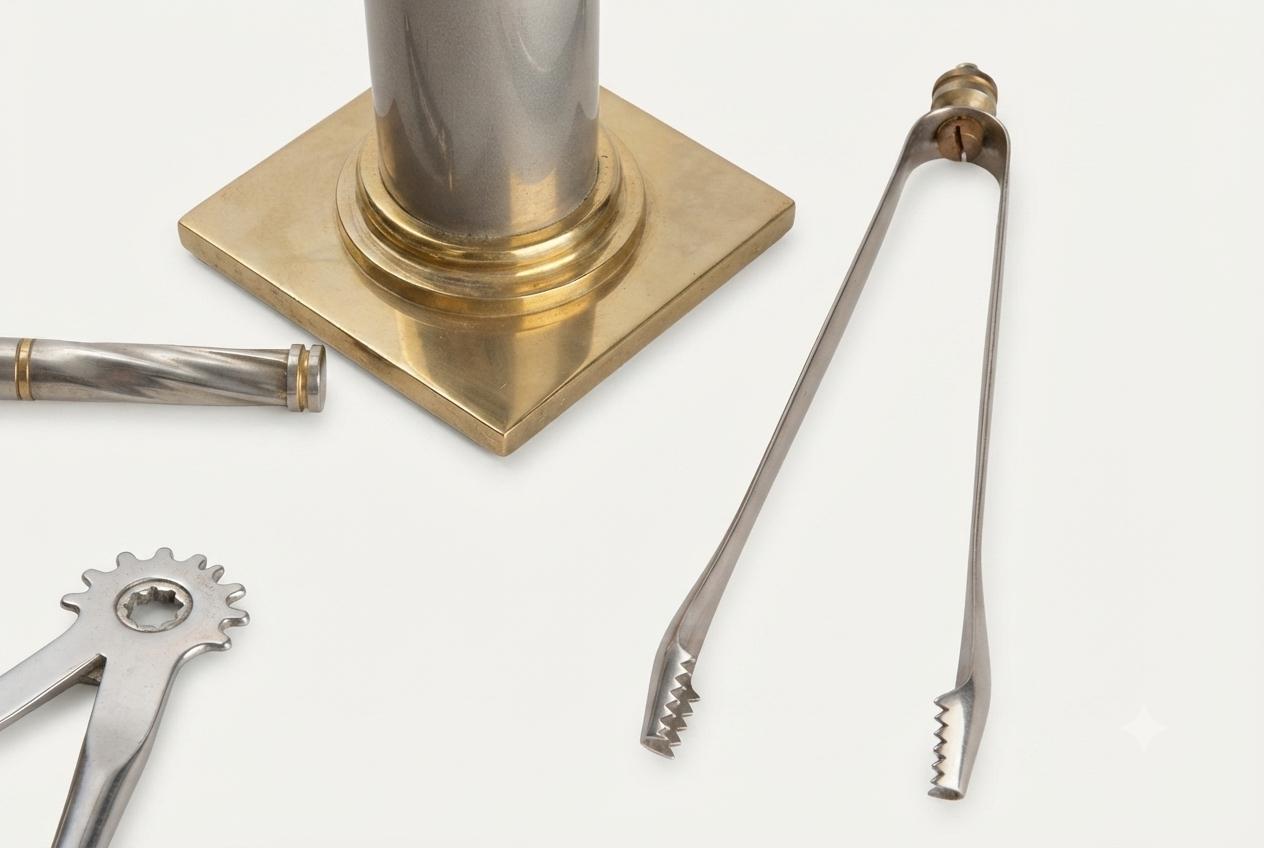 Vintage Italian Bar Tool Set, Hollywood Regency Corinthian Column Stand, 1970s Barware, Gold and Silver-Toned Metal, Made in Italy