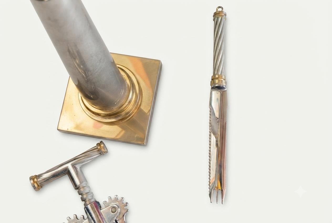 Vintage Italian Bar Tool Set, Hollywood Regency Corinthian Column Stand, 1970s Barware, Gold and Silver-Toned Metal, Made in Italy