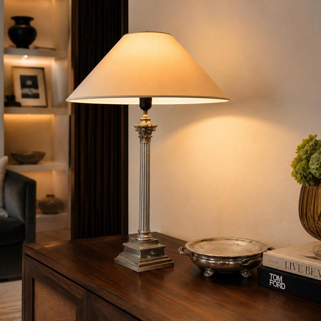 Vintage Silver-Plated Corinthian Column Table Lamp, A. Robert Paris, Neoclassical Metal Lamp, French Mid-Century Accent Lighting, Circa 1950