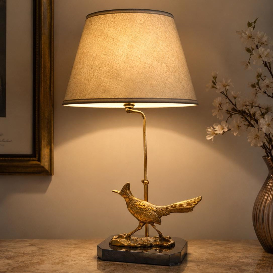Vintage Brass Bird Table Lamp, Roadrunner Figure, Black Base, Art Deco Style, 1950s