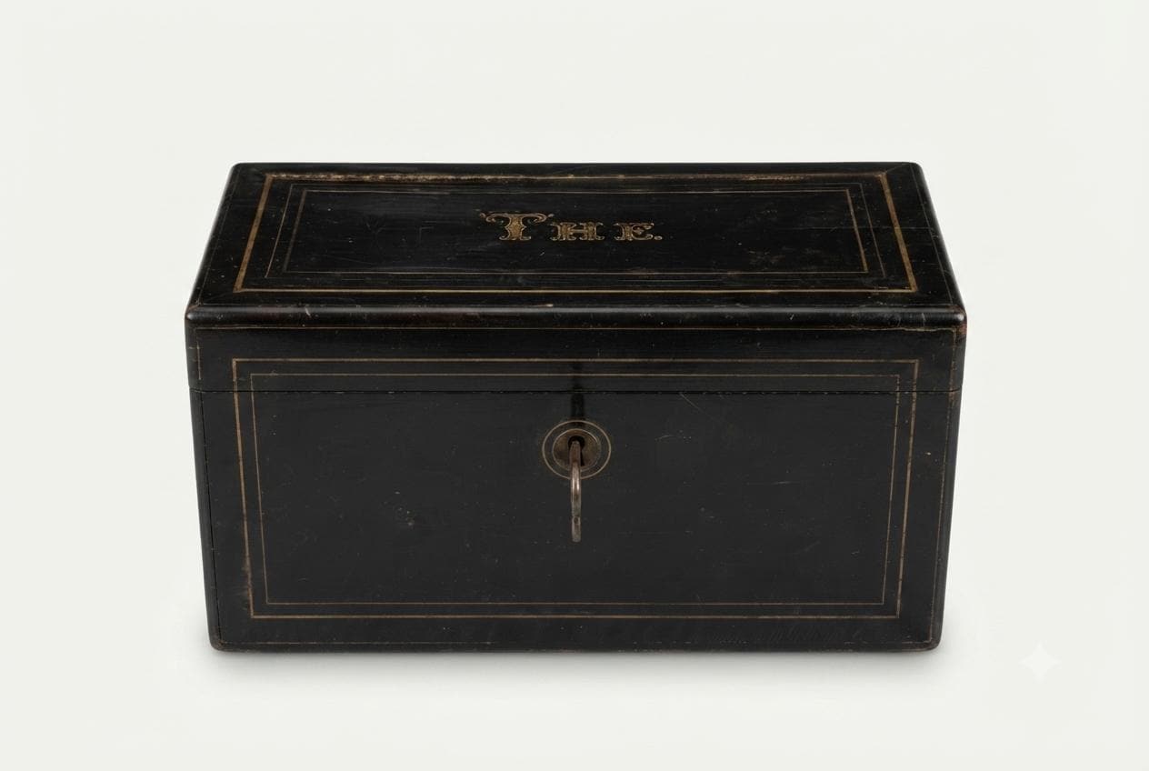 Napoleon III Style Tea Caddy, Ebonized Wood with Brass Inlay, Vintage 1950s
