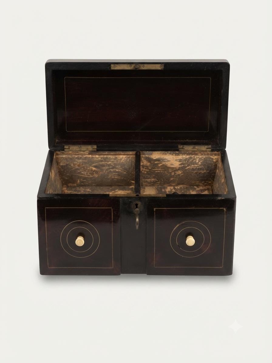 Napoleon III Style Tea Caddy, Ebonized Wood with Brass Inlay, Vintage 1950s