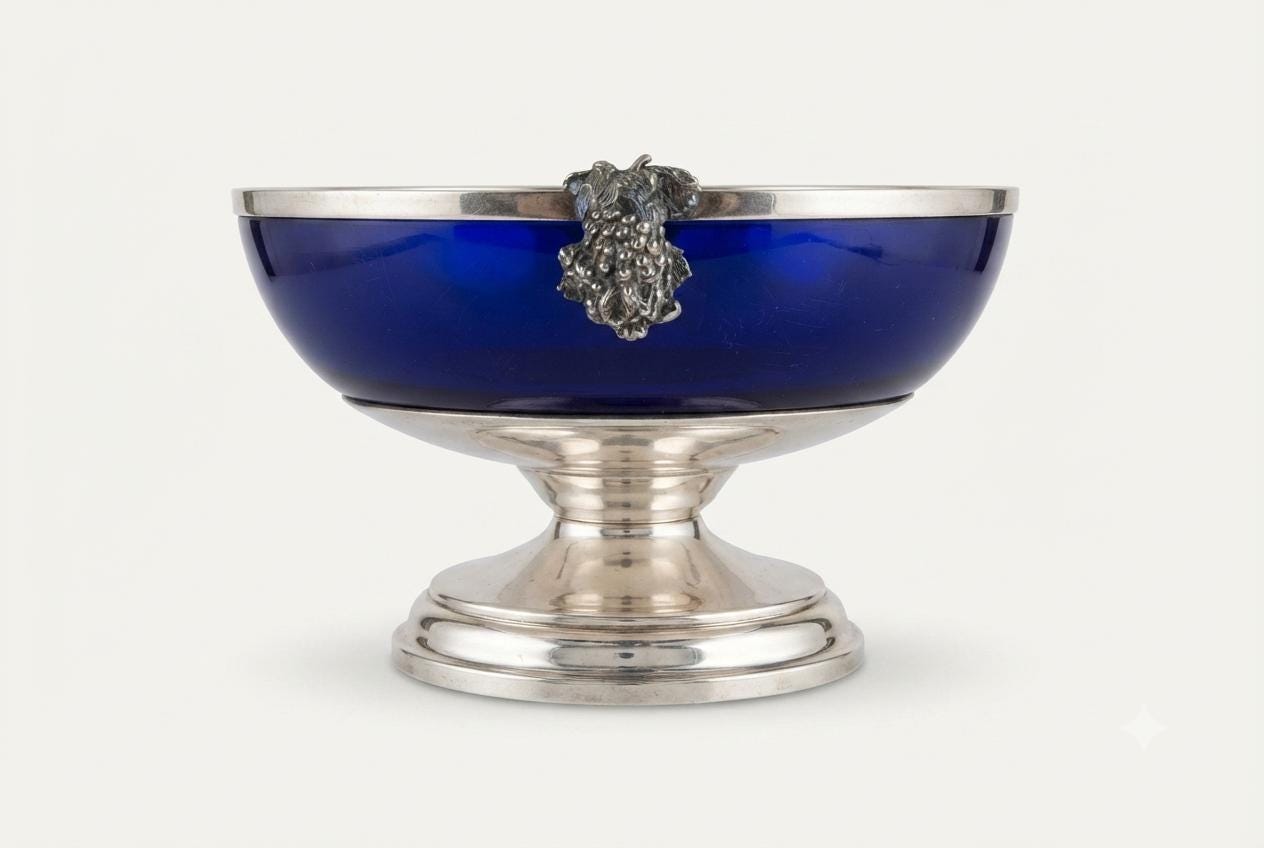 Vintage Cobalt Blue Glass Bowl, Silver-Plated Swan Handles, Grape Motif, Pedestal Base