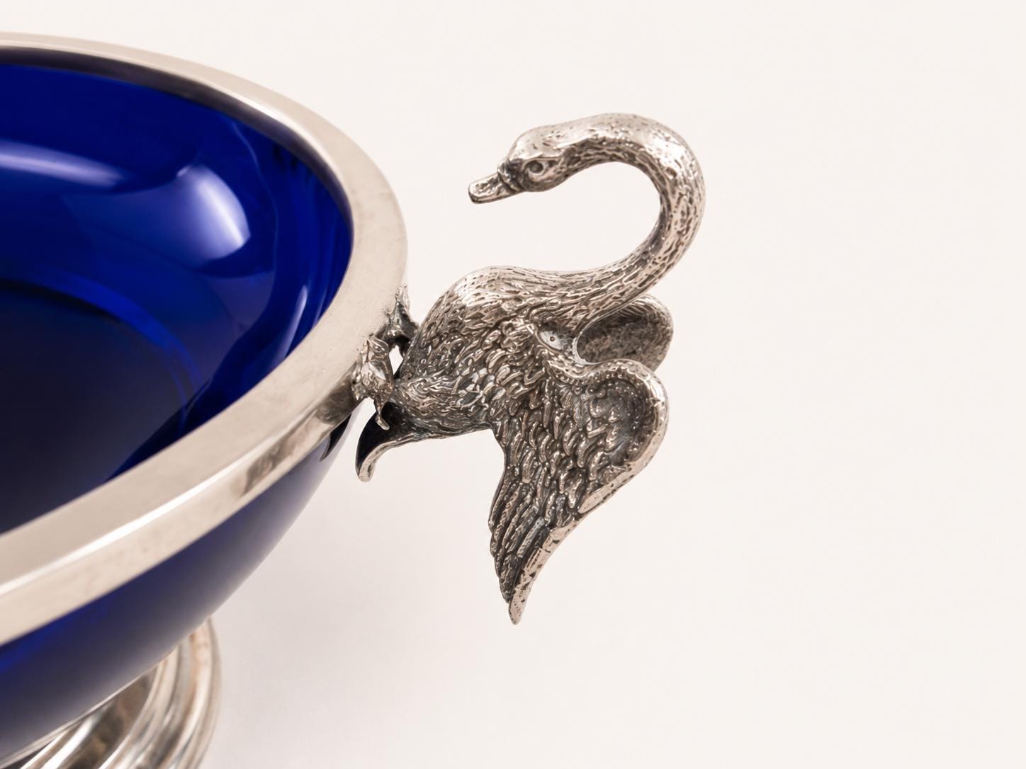 Vintage Cobalt Blue Glass Bowl, Silver-Plated Swan Handles, Grape Motif, Pedestal Base