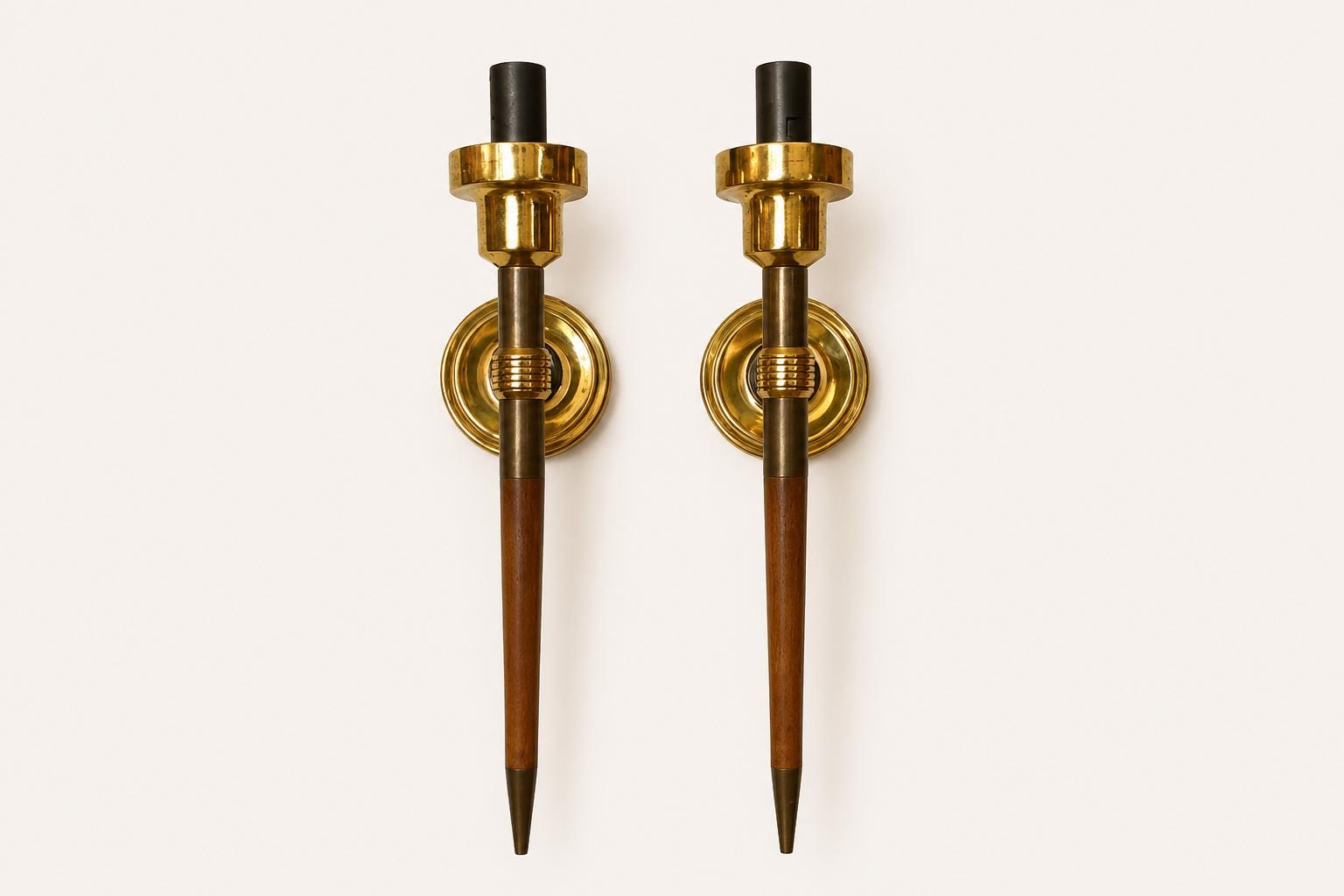 Pair of Wall Sconces, Attributed to Metalarte, Spanish Brass and Wood Design, 1950s