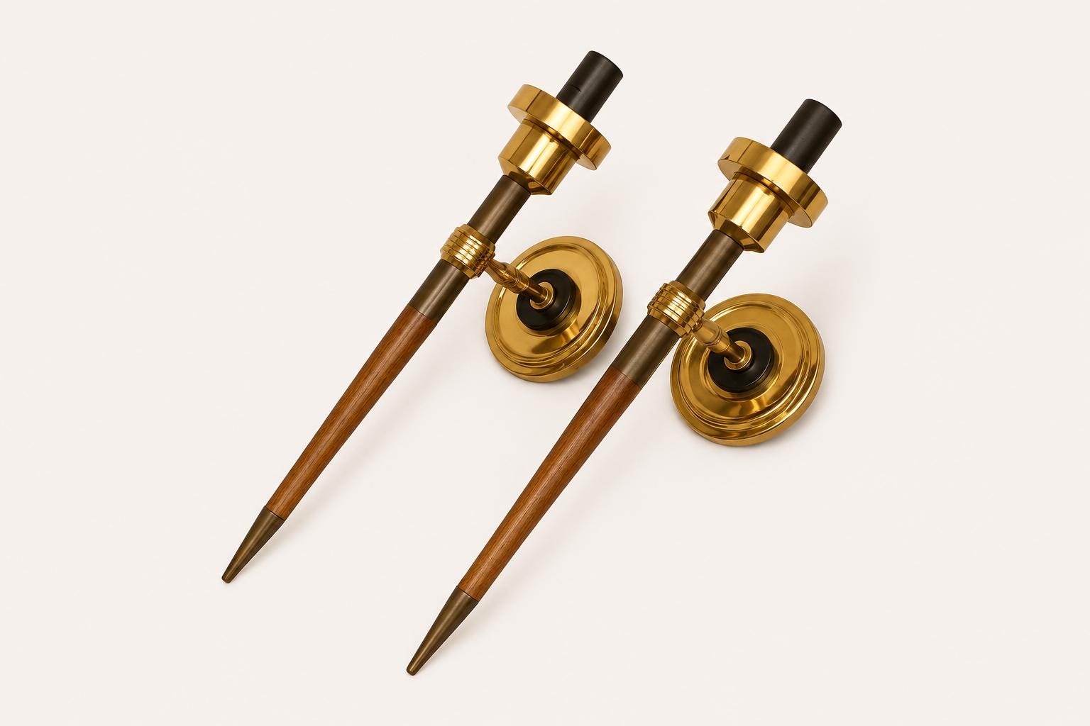 Pair of Wall Sconces, Attributed to Metalarte, Spanish Brass and Wood Design, 1950s