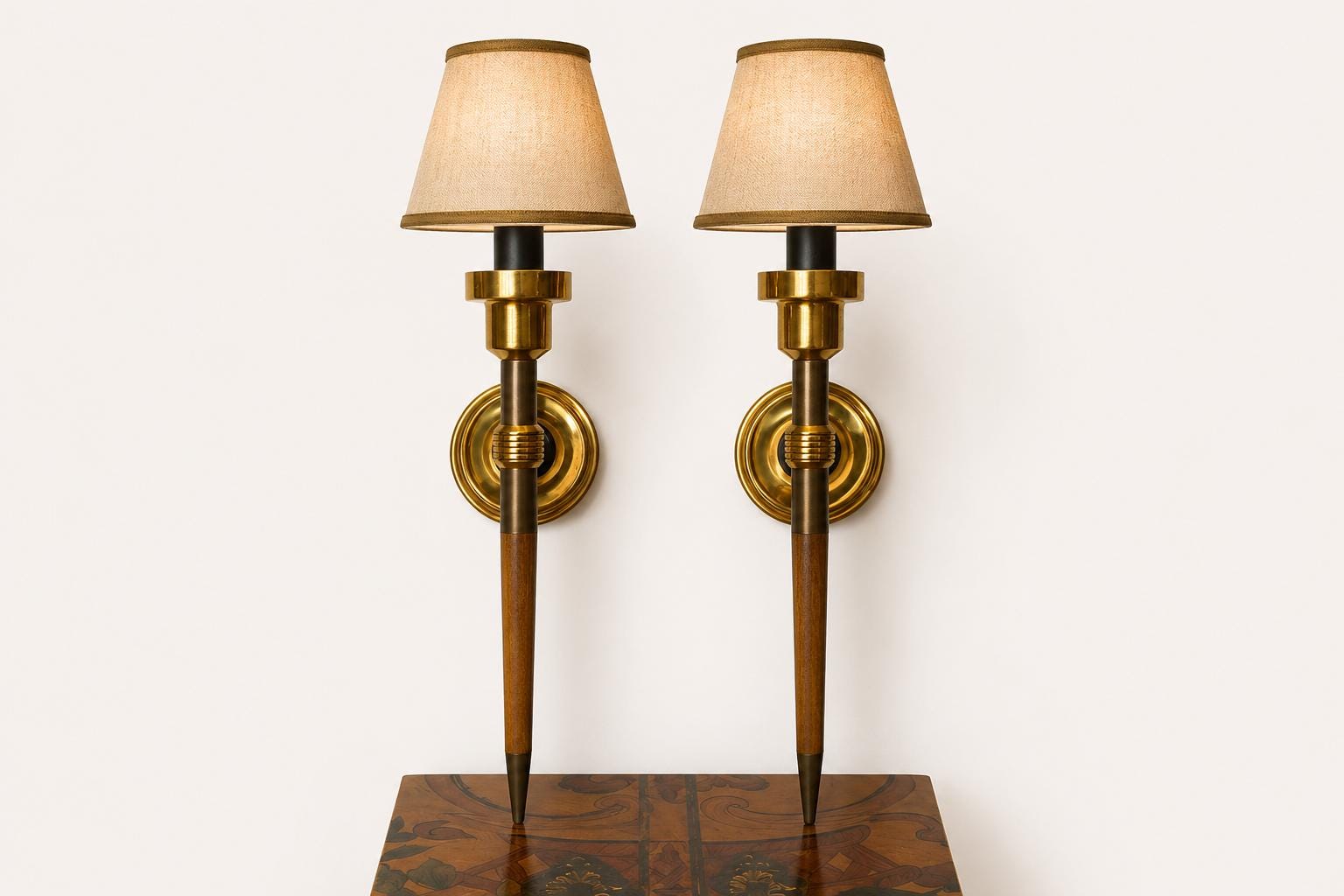 Pair of Wall Sconces, Attributed to Metalarte, Spanish Brass and Wood Design, 1950s