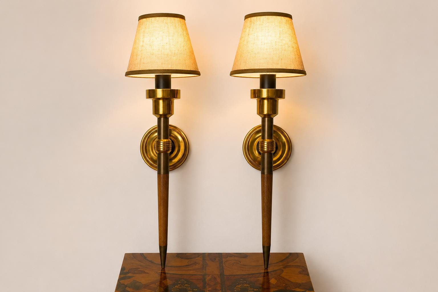 Pair of Wall Sconces, Attributed to Metalarte, Spanish Brass and Wood Design, 1950s