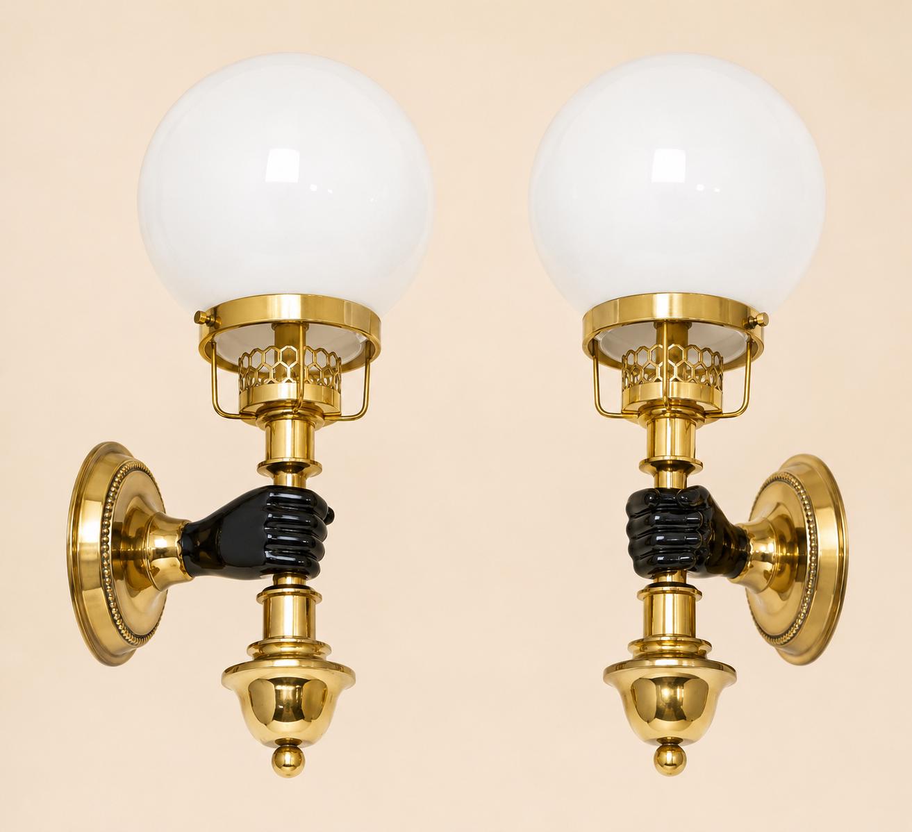 Vintage Brass-Toned Wall Sconces, White Glass Globe Shades, in the Style of Maison Jansen — Pair