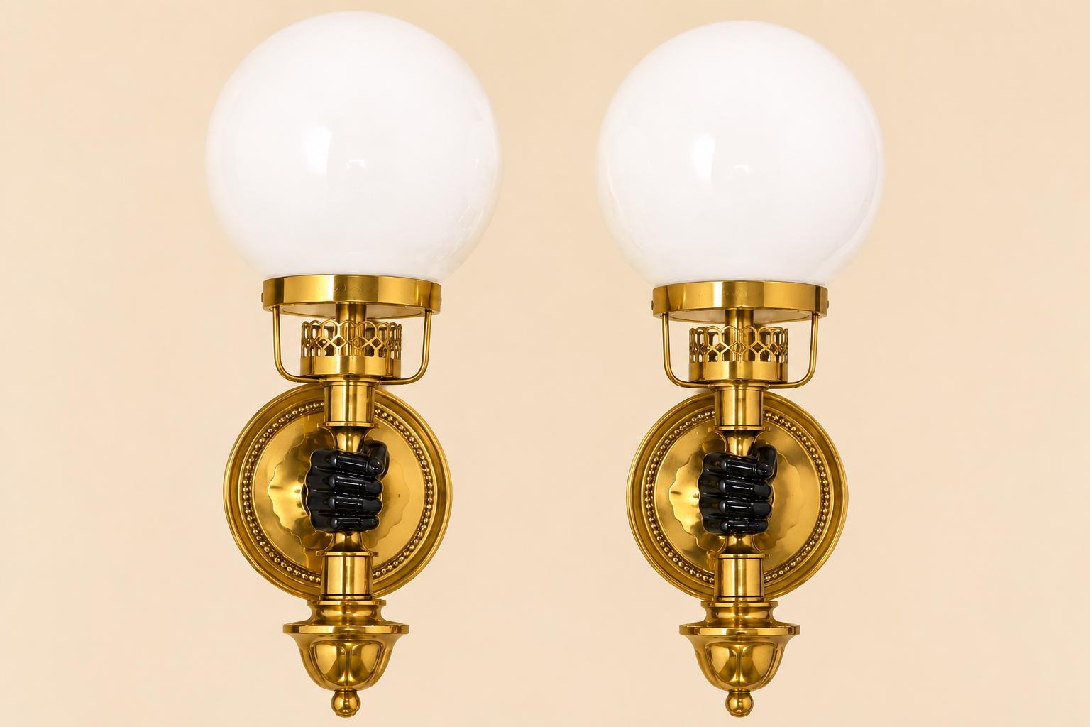 Vintage Brass-Toned Wall Sconces, White Glass Globe Shades, in the Style of Maison Jansen — Pair