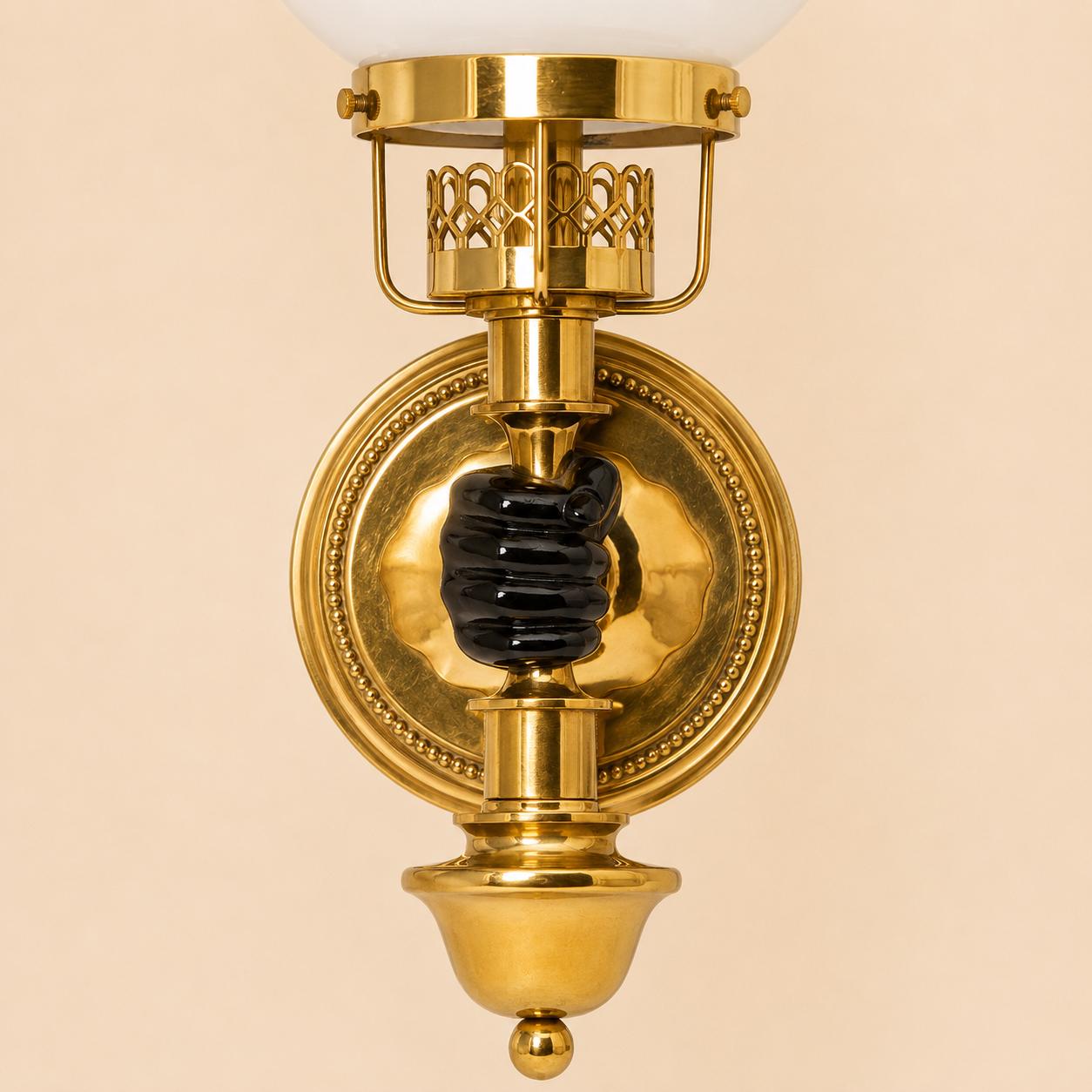 Vintage Brass-Toned Wall Sconces, White Glass Globe Shades, in the Style of Maison Jansen — Pair
