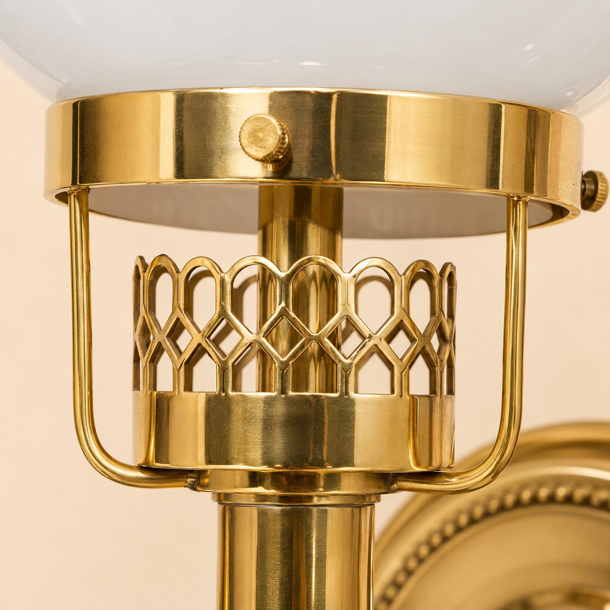Vintage Brass-Toned Wall Sconces, White Glass Globe Shades, in the Style of Maison Jansen — Pair