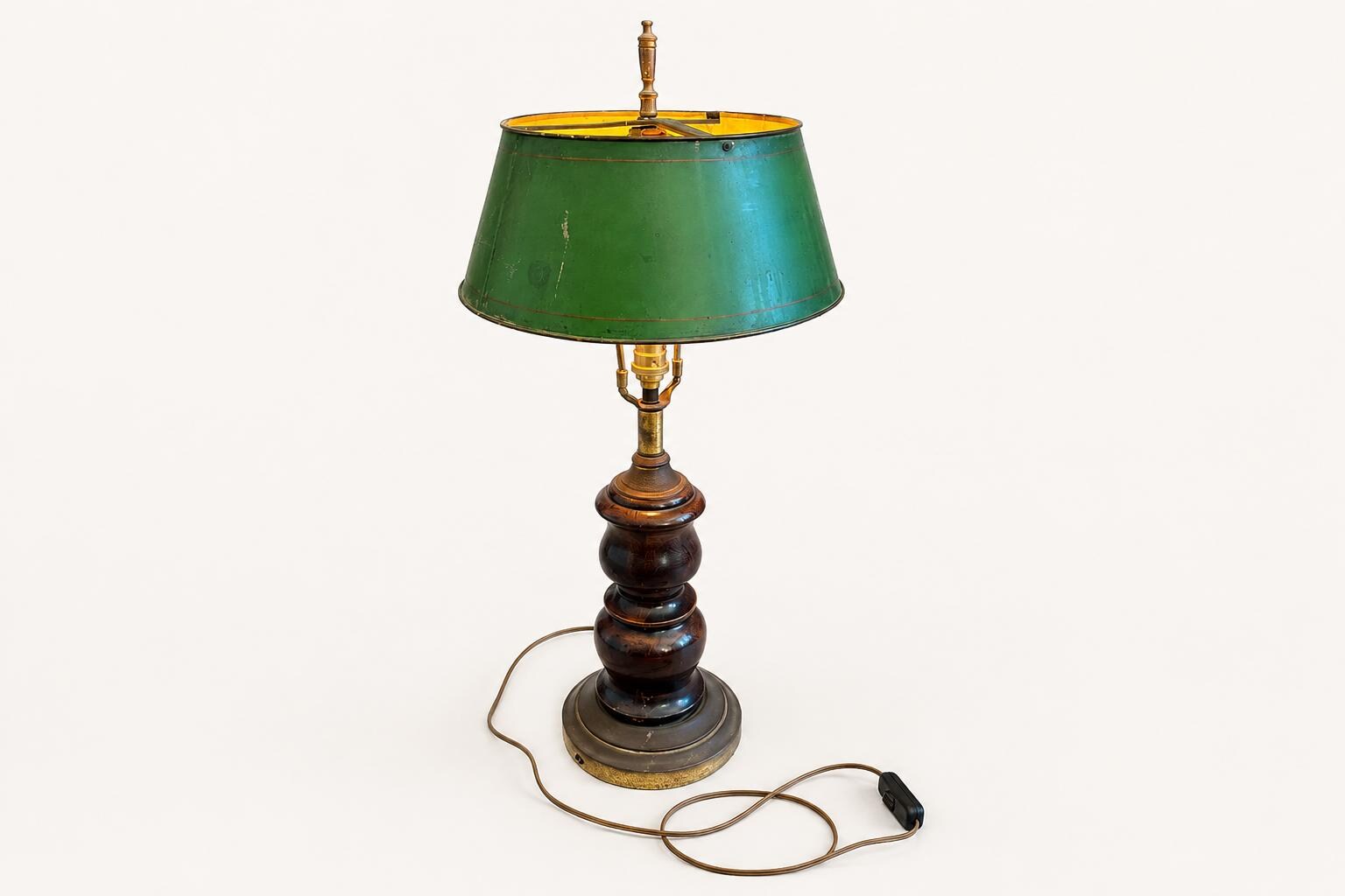 Vintage French Table Lamp, Turned Wood Base, Green Tole Shade, Empire Style, 1950s