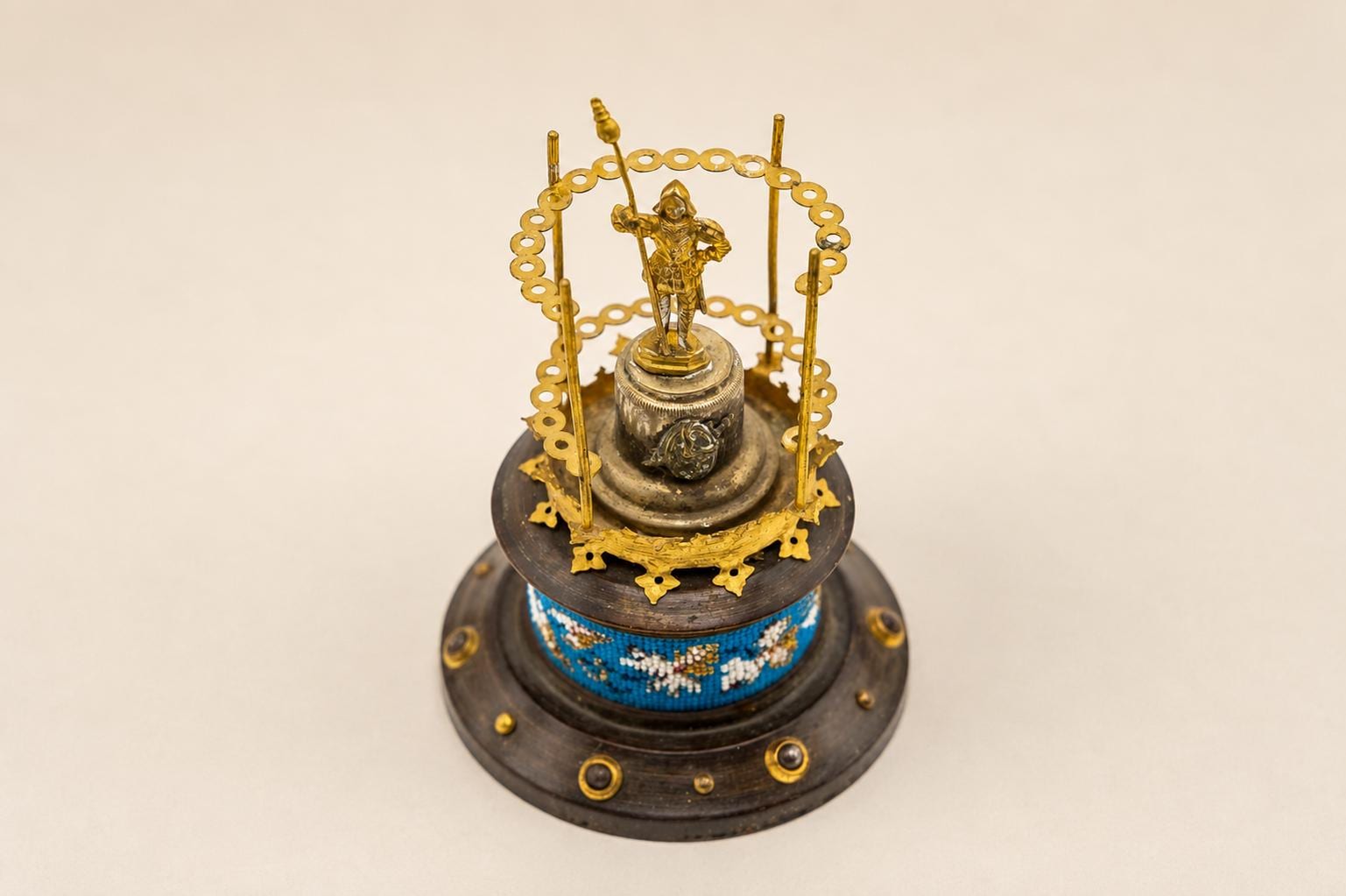 Vintage Knight Figural Toothpick Holder, Gold-Toned Metal, Beaded Wood Base, 1950s