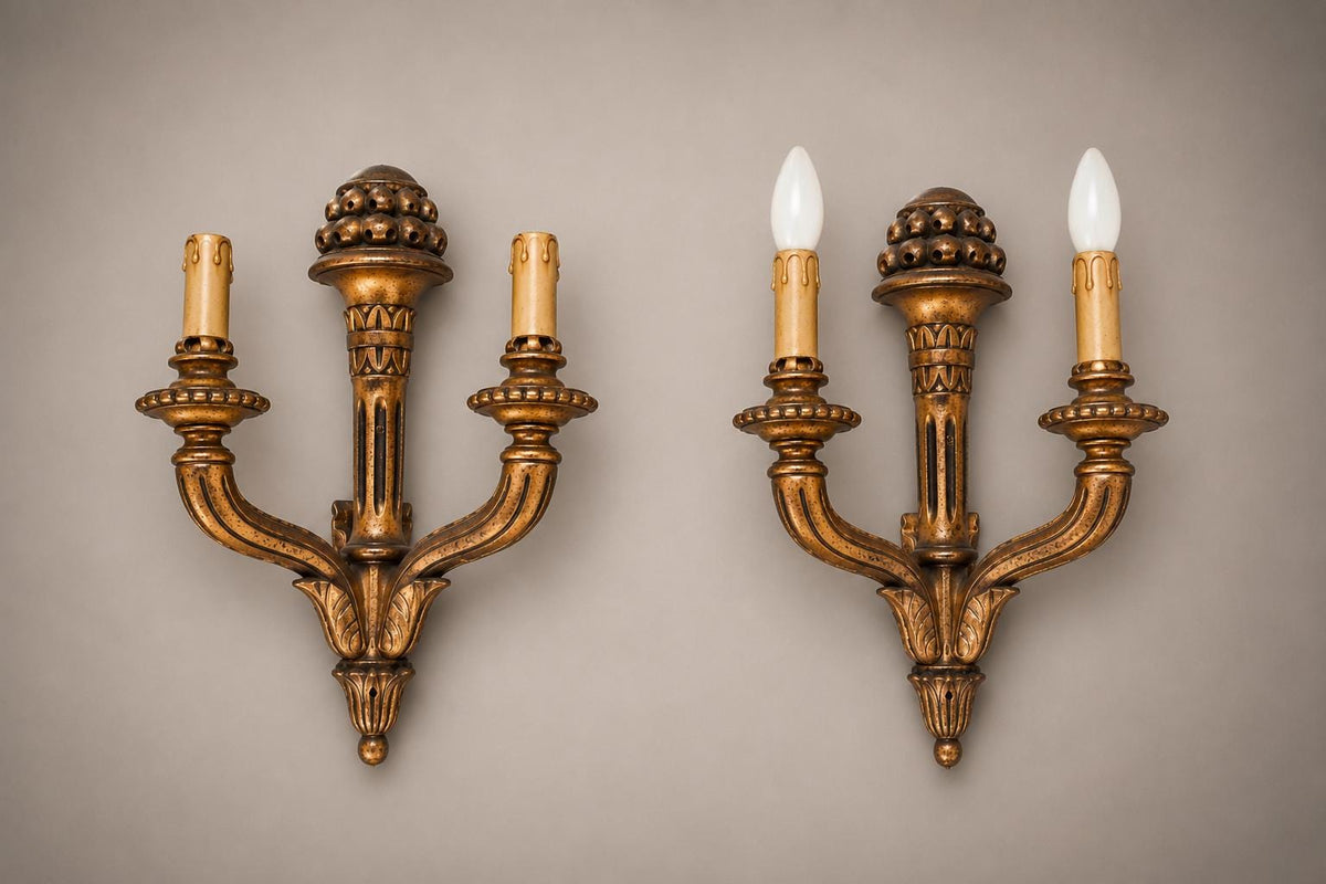 Vintage Giltwood Twin-Arm Wall Sconce Pair, Torch Form — French Louis XVI Style, 1950s