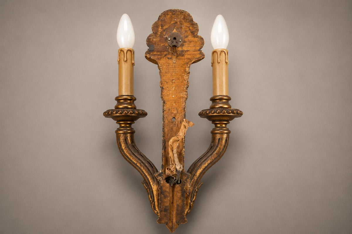 Vintage Giltwood Twin-Arm Wall Sconce Pair, Torch Form — French Louis XVI Style, 1950s