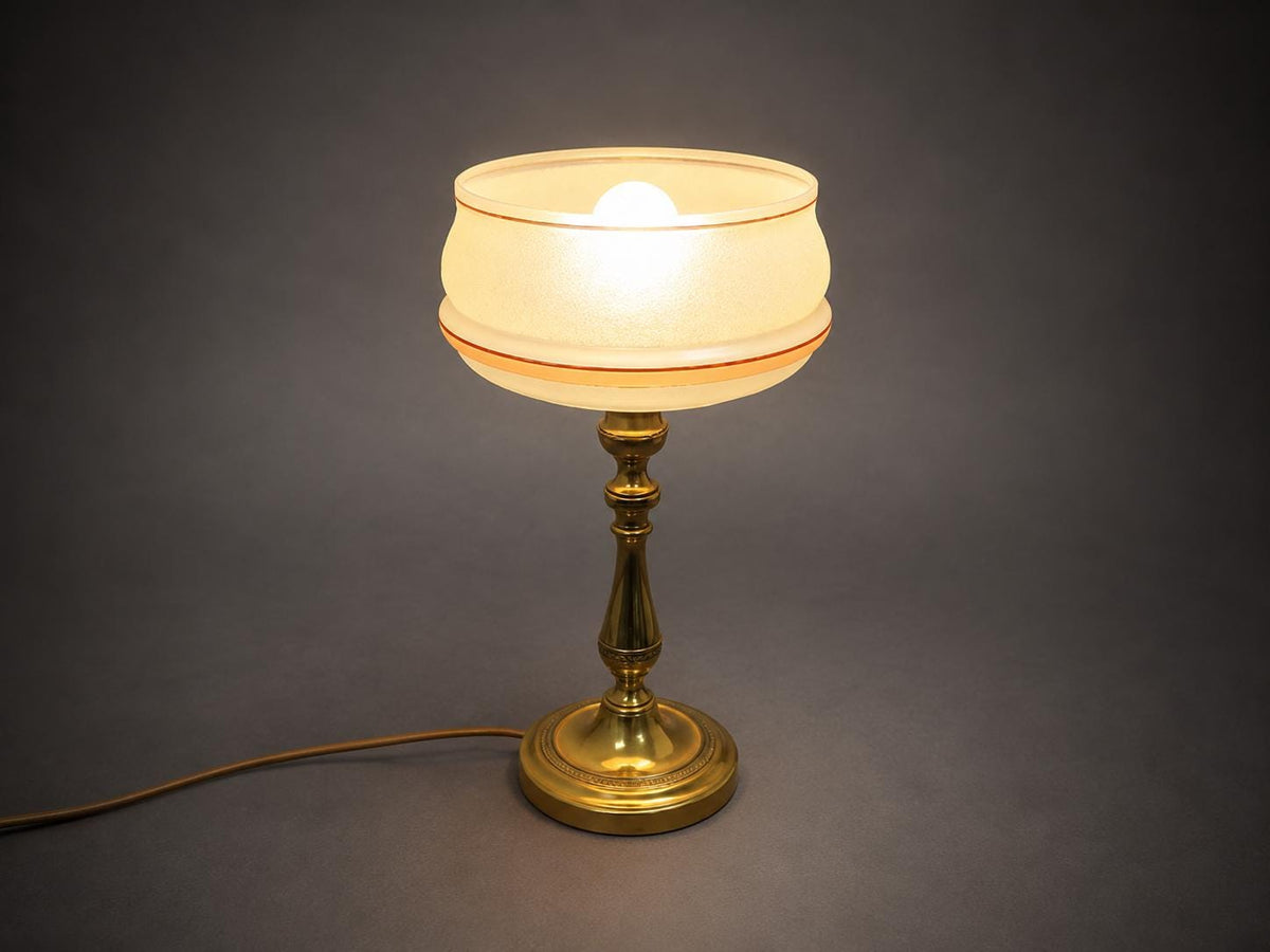 Antique Brass Candlestick Table Lamp, Frosted Glass Shade with Rose Band — Circa 1900