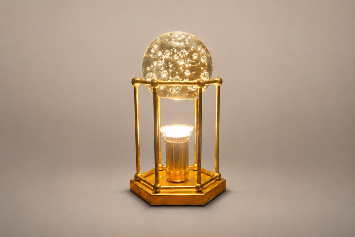 Brass Cage Lamp with Bubble Glass Sphere, Hexagonal Base