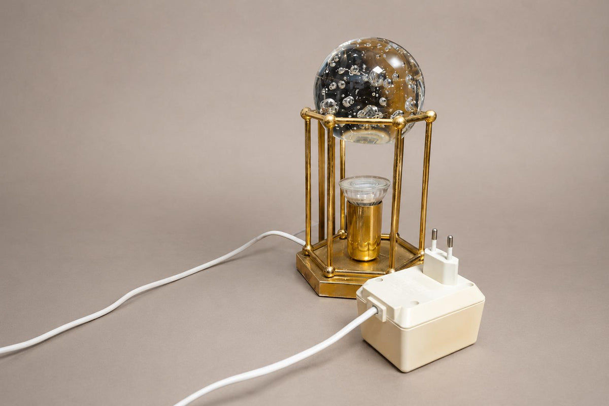 Brass Cage Lamp with Bubble Glass Sphere, Hexagonal Base