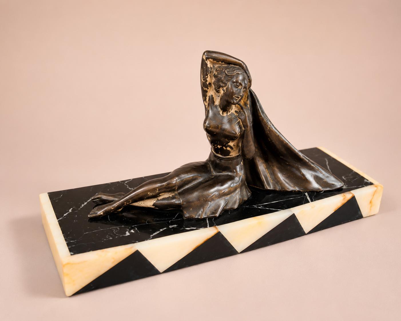 Art Deco Spelter Sculpture, Seated Woman on Chevron Marble Base — French, 1920s