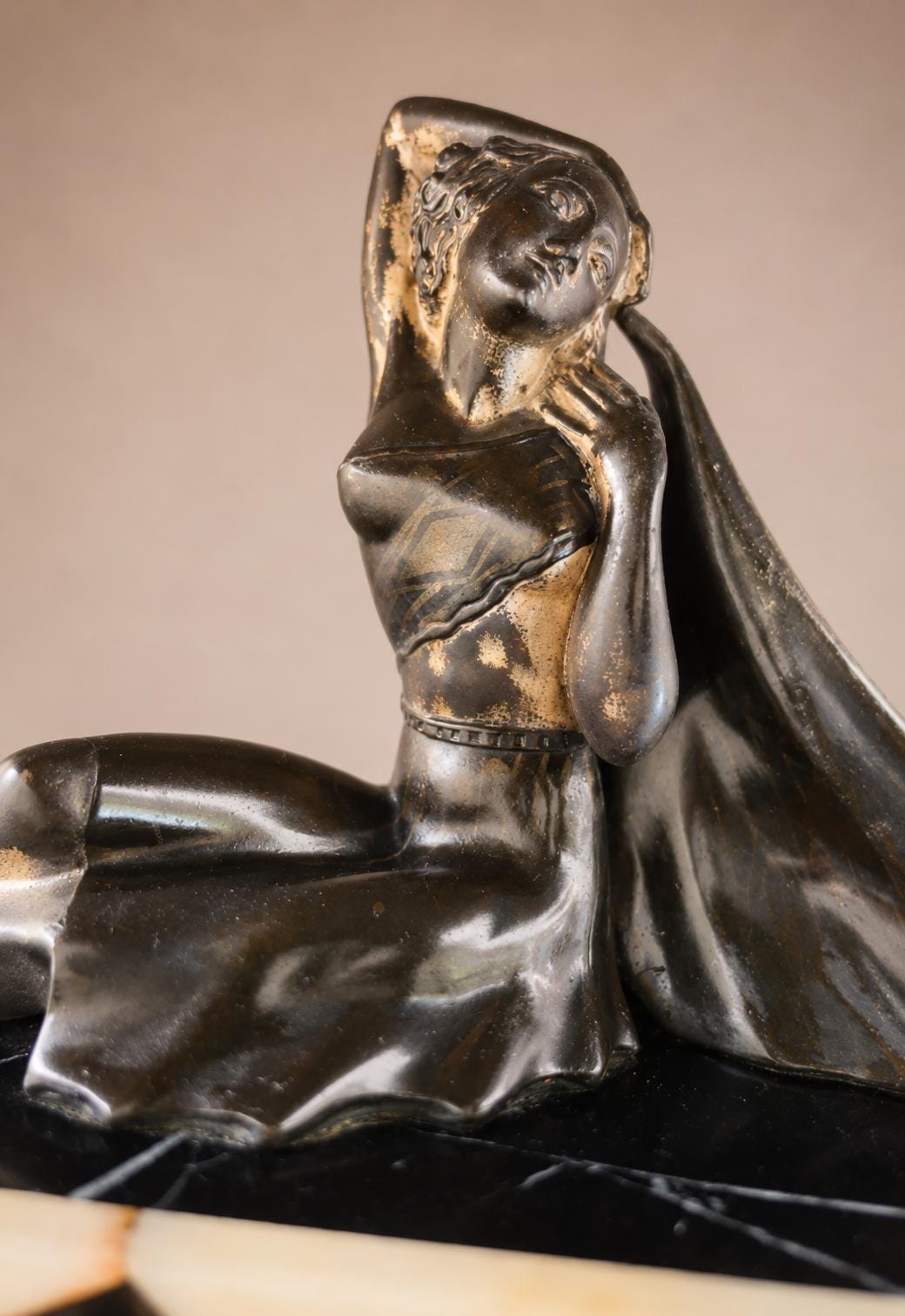 Art Deco Spelter Sculpture, Seated Woman on Chevron Marble Base — French, 1920s