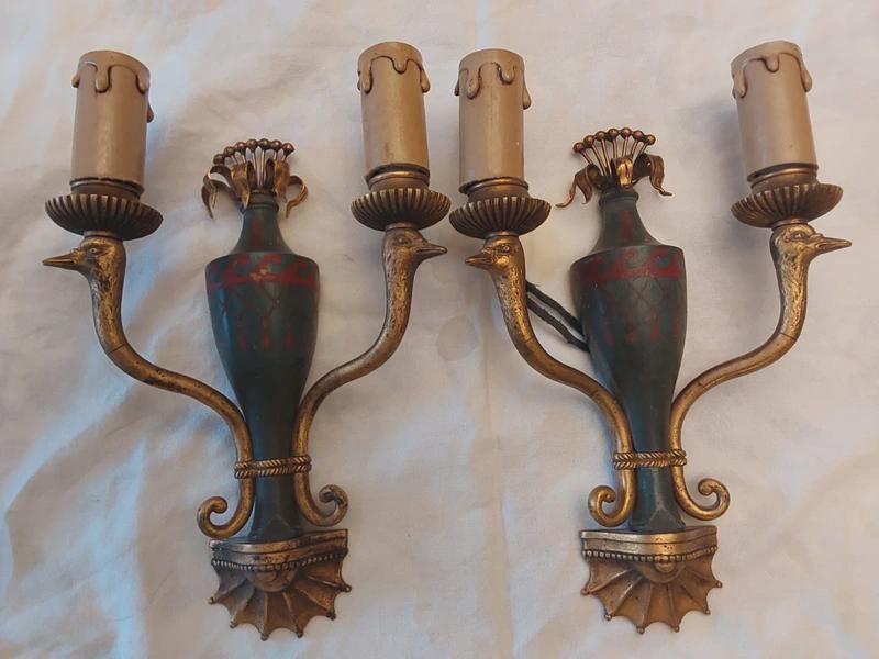 Vintage Bronze Wall Sconce Pair, Swan-Neck Arms — Empire Style, 1950s, Set of 2