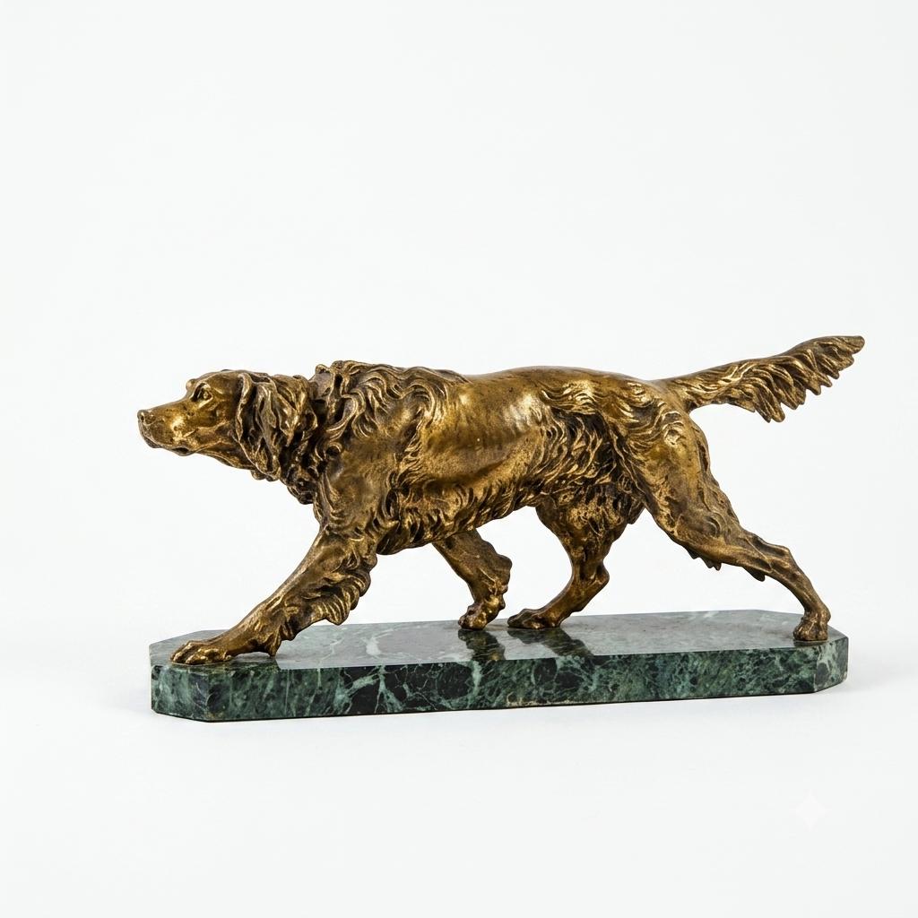 Vintage Patinated Spelter English Setter Dog Sculpture, Green Marble Base, Animalier Style, 1930s