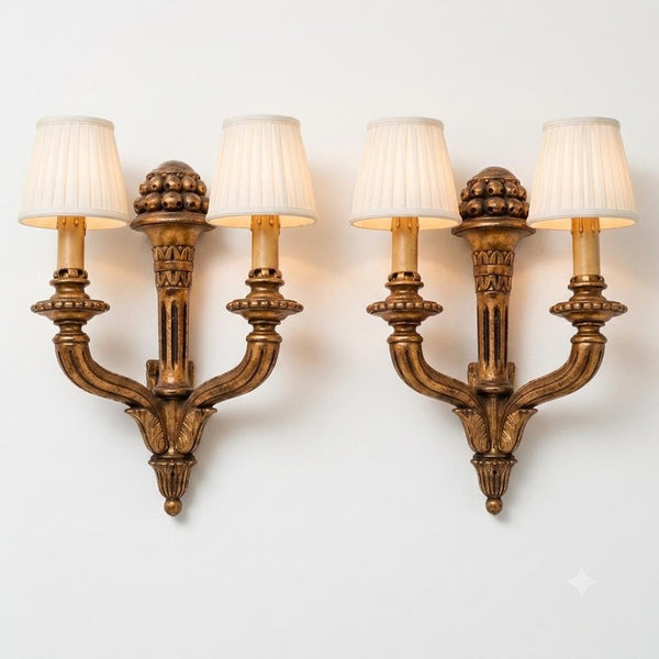 Vintage Giltwood Twin-Arm Wall Sconce Pair, Torch Form — French Louis XVI Style, 1950s