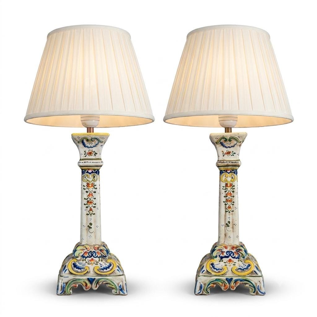 Antique Rouen Faience Ceramic Candlestick Lamp Pair, Hand-Painted Floral — French, Circa 1900