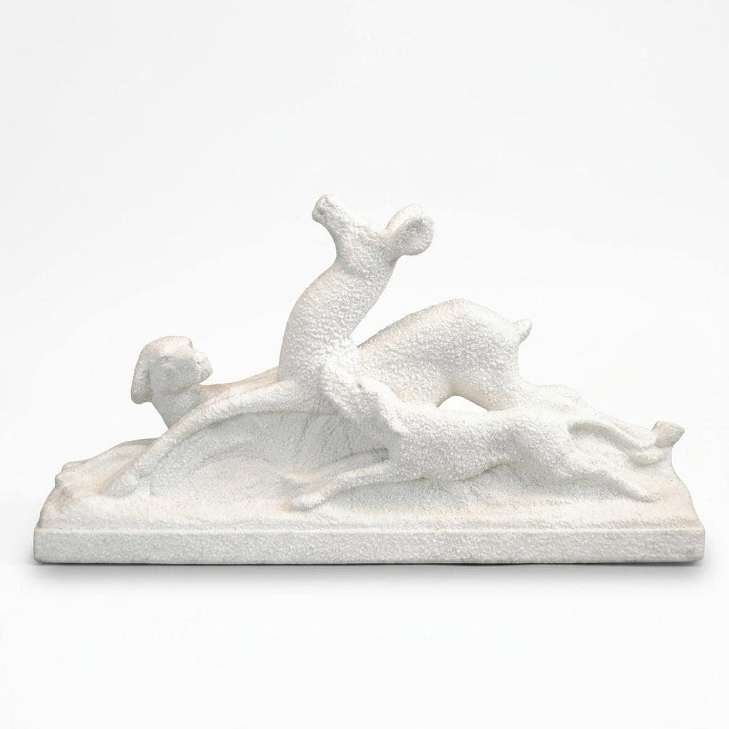 Art Deco Ceramic Sculpture, Deer and Dog — Signed ODYV, French, 1930s