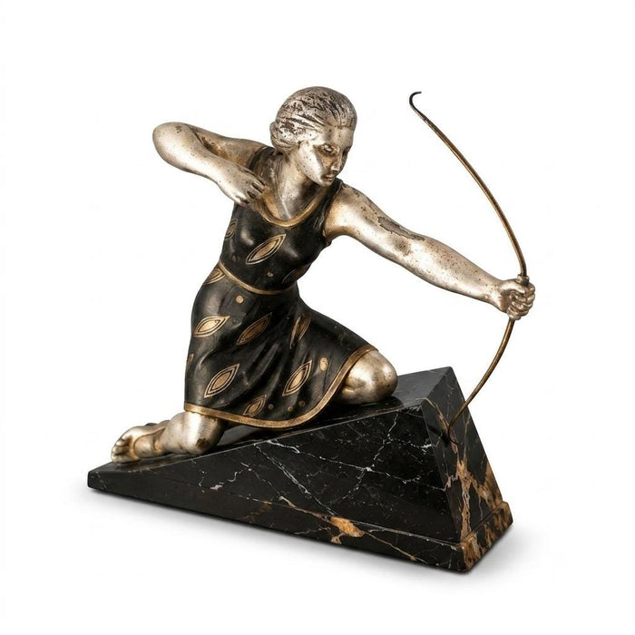 Art Deco Style Diana Huntress Figure, Silver-Tone on Marble Base — 1970s