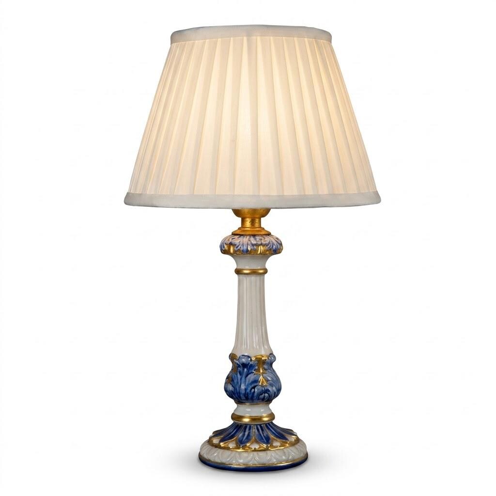 Vintage Blue and White Ceramic Table Lamp, Gilt Fluted Column — Pleated Shade Included