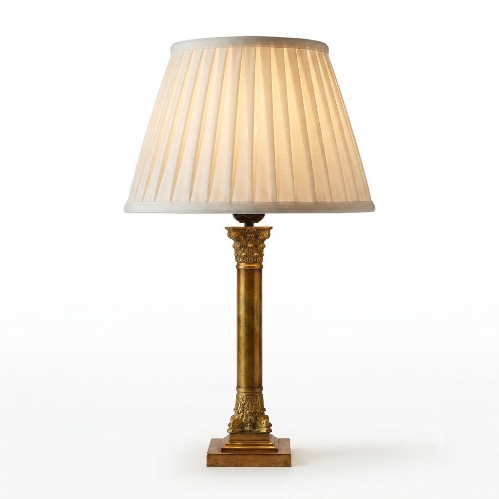 Vintage Brass Column Table Lamp, Ornate Capital and Base — 1950s