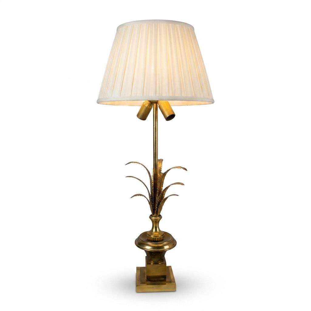 Vintage Brass Palm Frond Table Lamp, Urn Form, Dual Socket — Hollywood Regency Style, 1960s