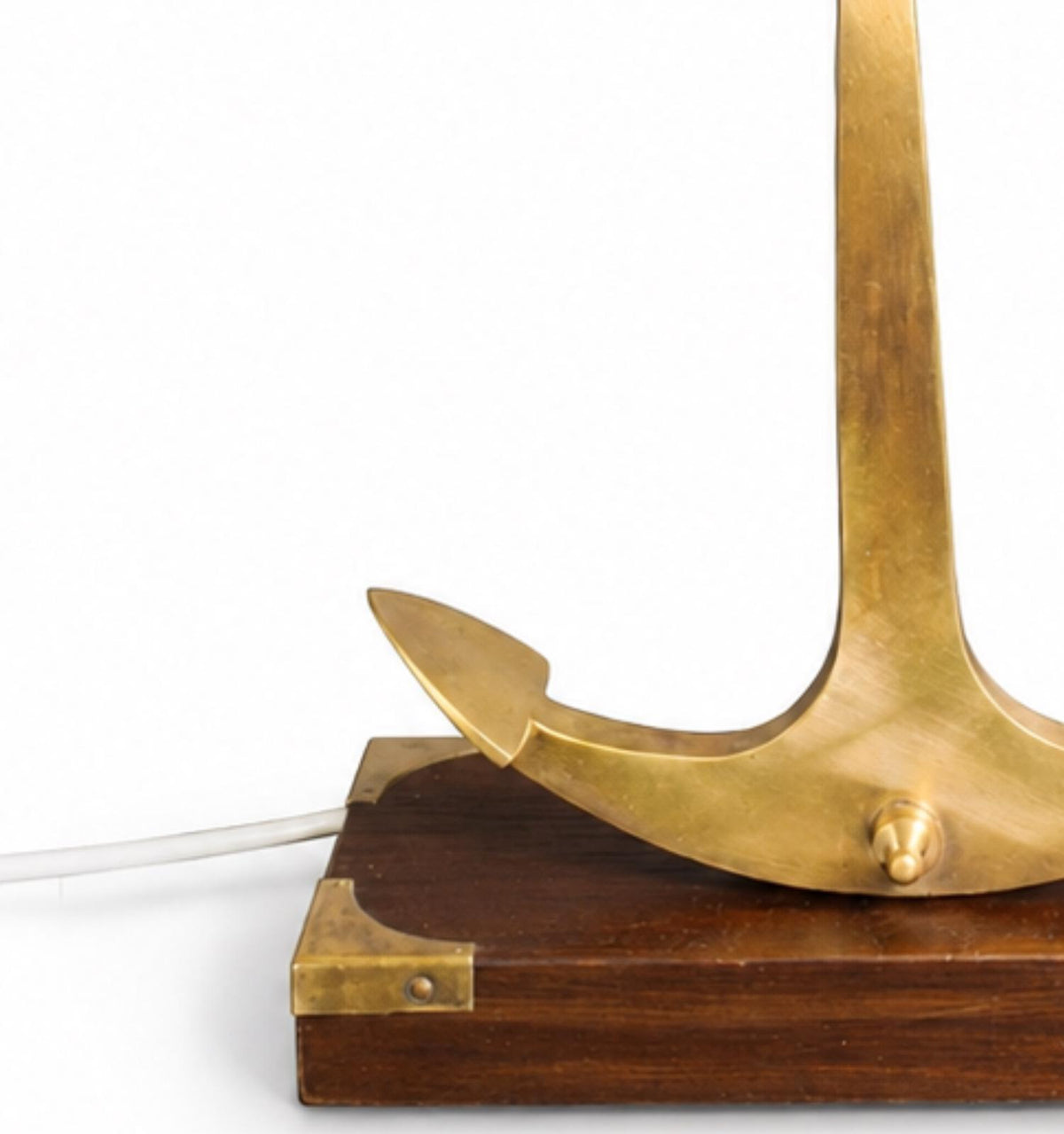 Bronze Anchor Table Lamp, Wood Base with Brass Corner Accents — Nautical Art Deco Style, France, 1960s