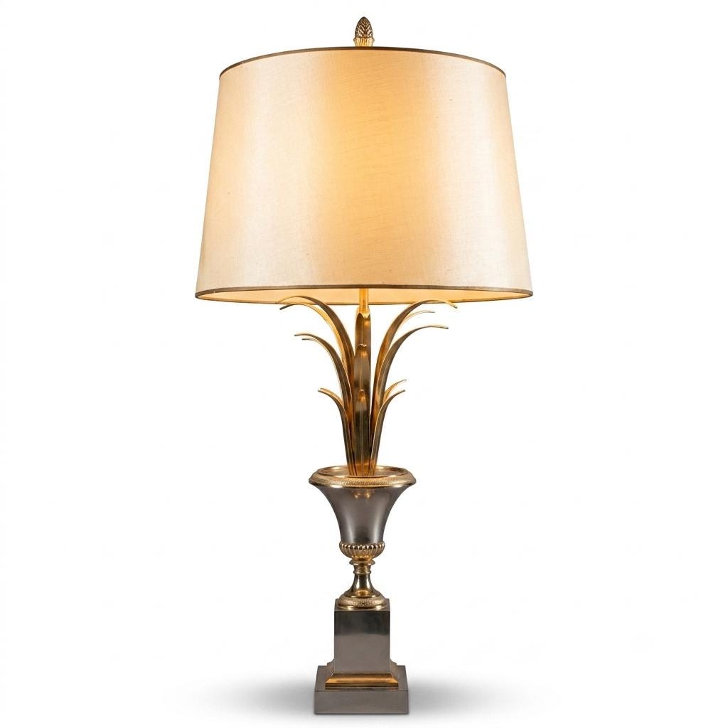 Brushed Steel Pineapple Palm Lamp Base, Hollywood Regency Style — Vintage, 1980s