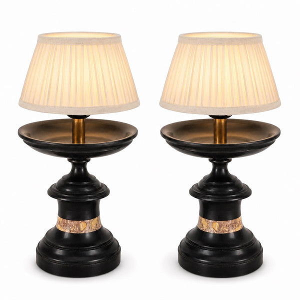 Pair of Black Marble Cassolette Lamp Bases with Inset Marble Band — French, 19th Century