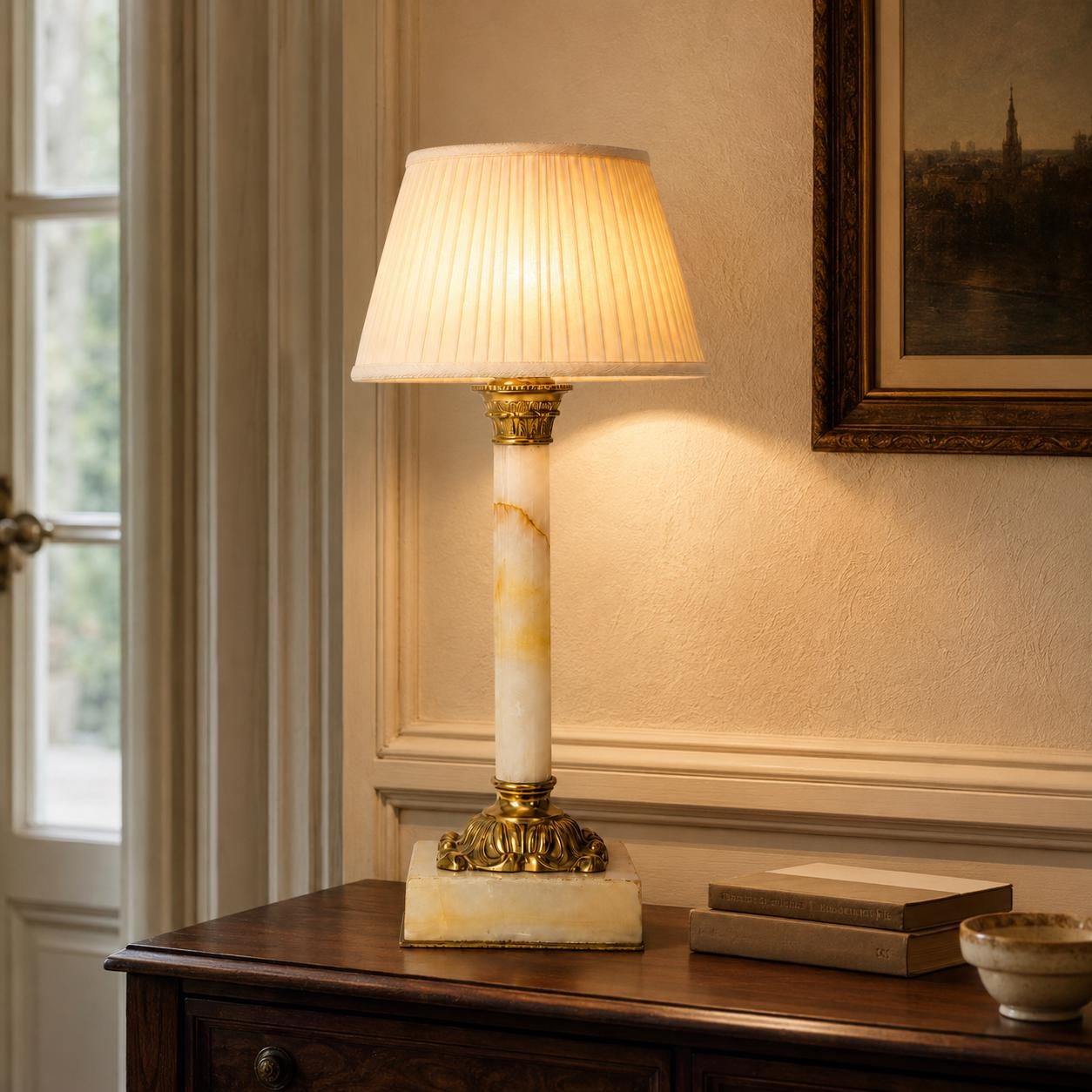 Fluted Column Table Lamp Base, Stone and Gilt Bronze — French Style