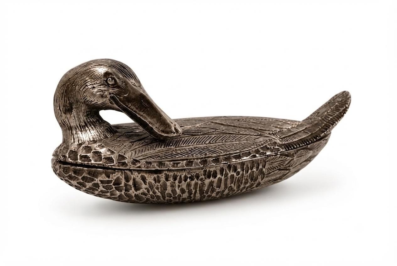 Fondica France Silvered Metal Duck Box, Heavy Cast Trinket Casket