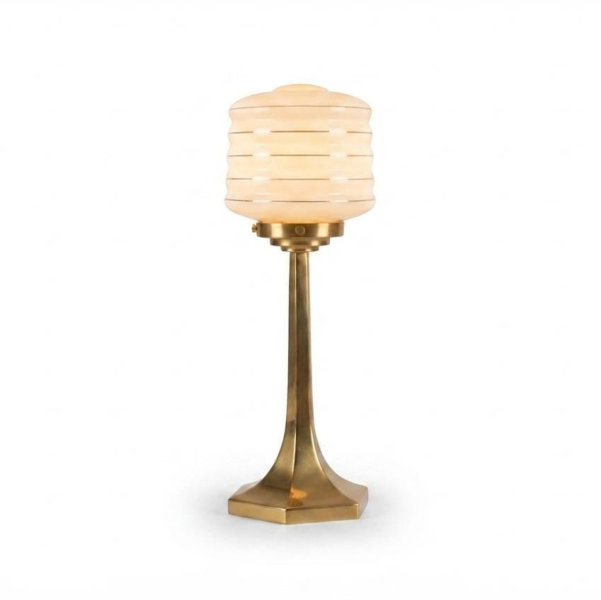 Josef Hoffmann Style Table Lamp, Brass Base with Ribbed Opaline Glass Shade, Wiener Werkstätte Inspired