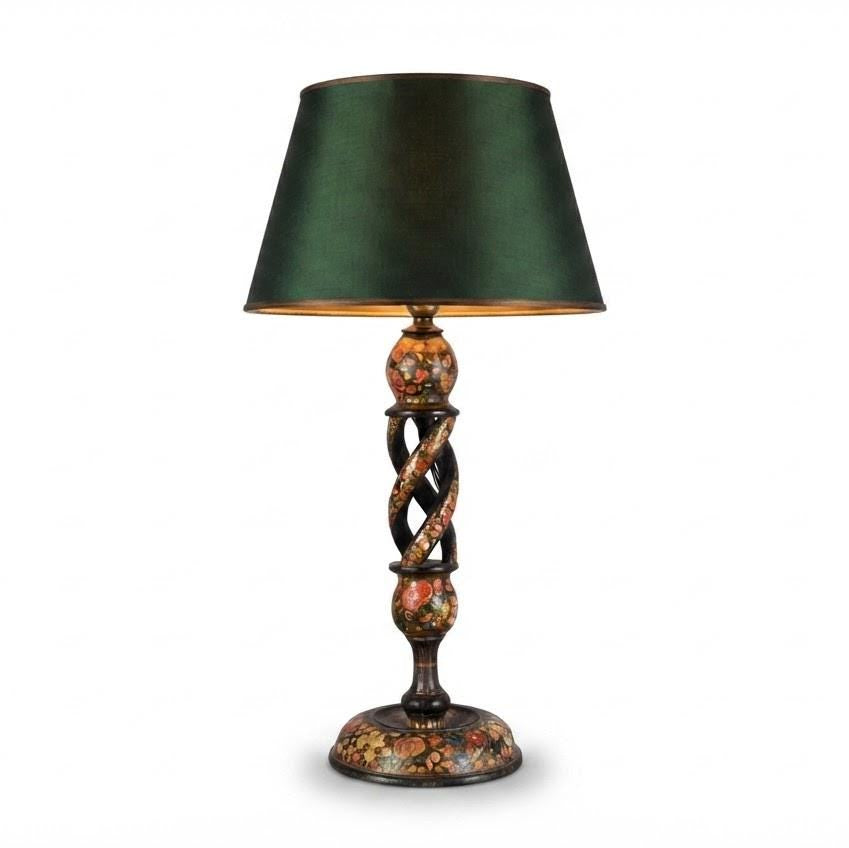 Kashmiri Hand-Painted Wood Table Lamp, Naqashi Floral Decoration, Twisted Column
