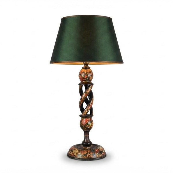 Kashmiri Hand-Painted Wood Table Lamp, Naqashi Floral Decoration, Twisted Column