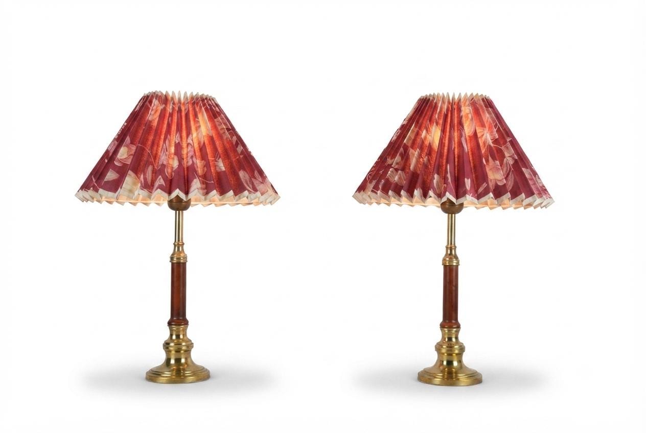Pair of Brass and Wood Table Lamps with Pleated Floral Shades, 1970s