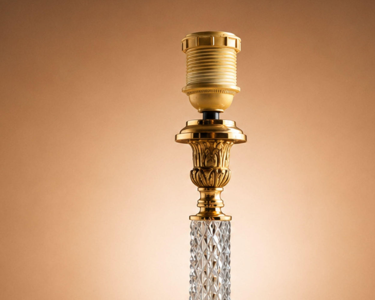 Hollywood Regency Style Cut Glass Table Lamp, Diamond-Cut Column with Brass Fittings